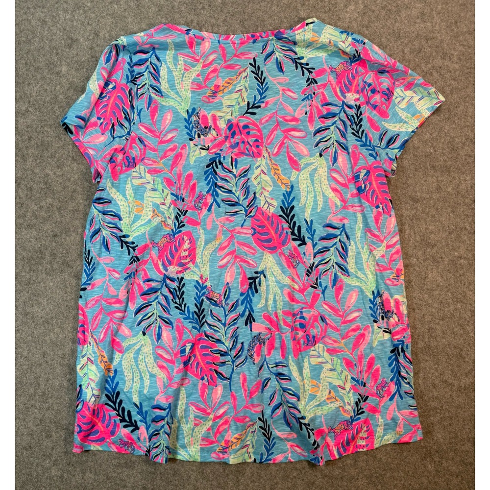 Lilly Pulitzer Etta V-Neck T-Shirt XXL Blue Pink Tropical Floral Slub Jersey Top - Picture 5 of 5